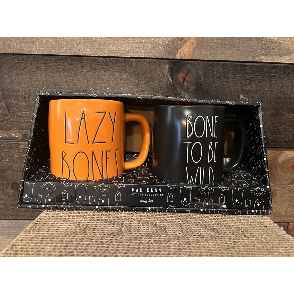 Rae Dunn LAZY BONES BONE TO BE WILD Mug Set‎ Halloween Orange Black by Magenta
